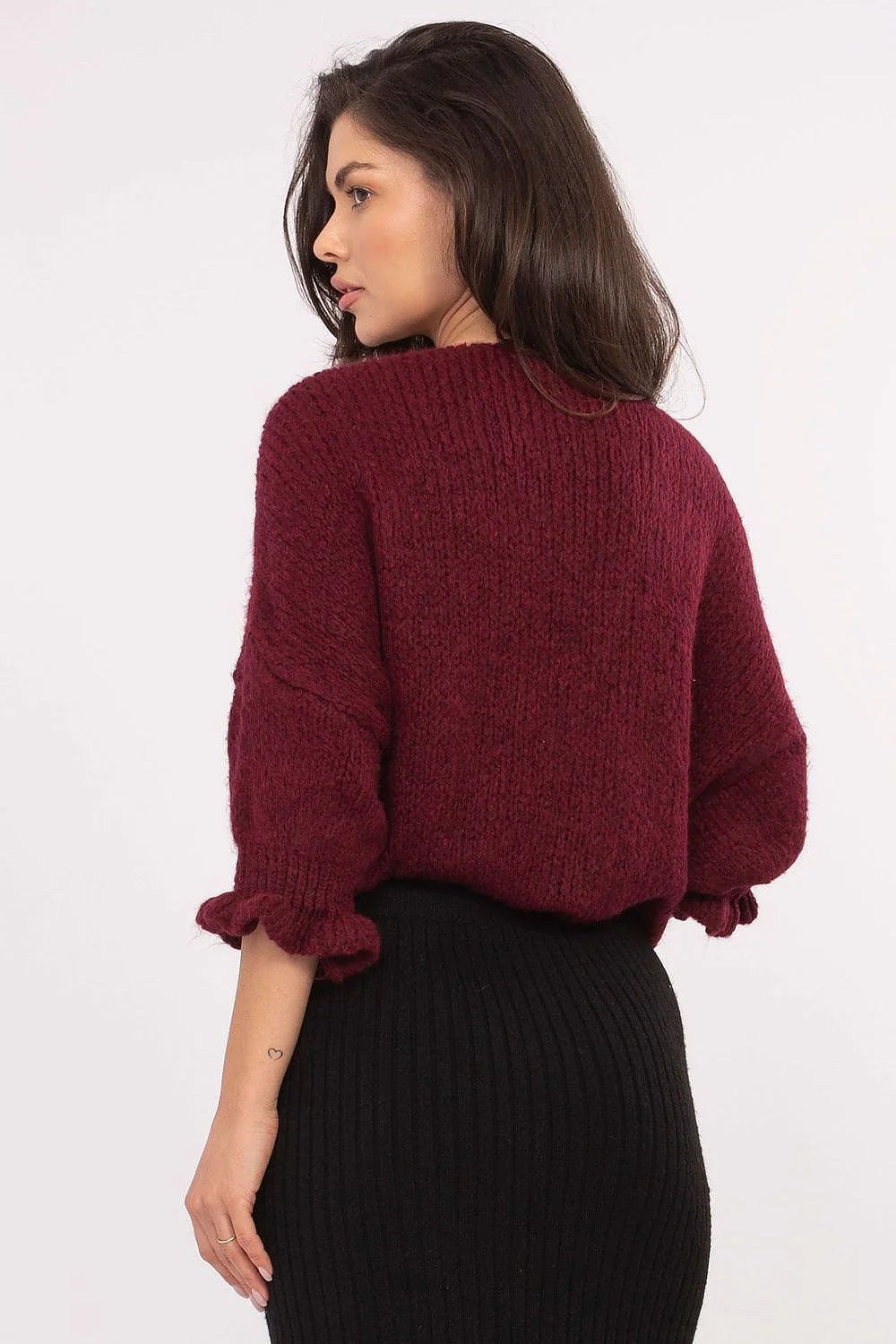 cardigan femme grosse maille pelucheuse bordeaux oversize cropped manches troisquarts encolure ronde fermeture liens noués apparents cosy décontracté superposable taillehaute