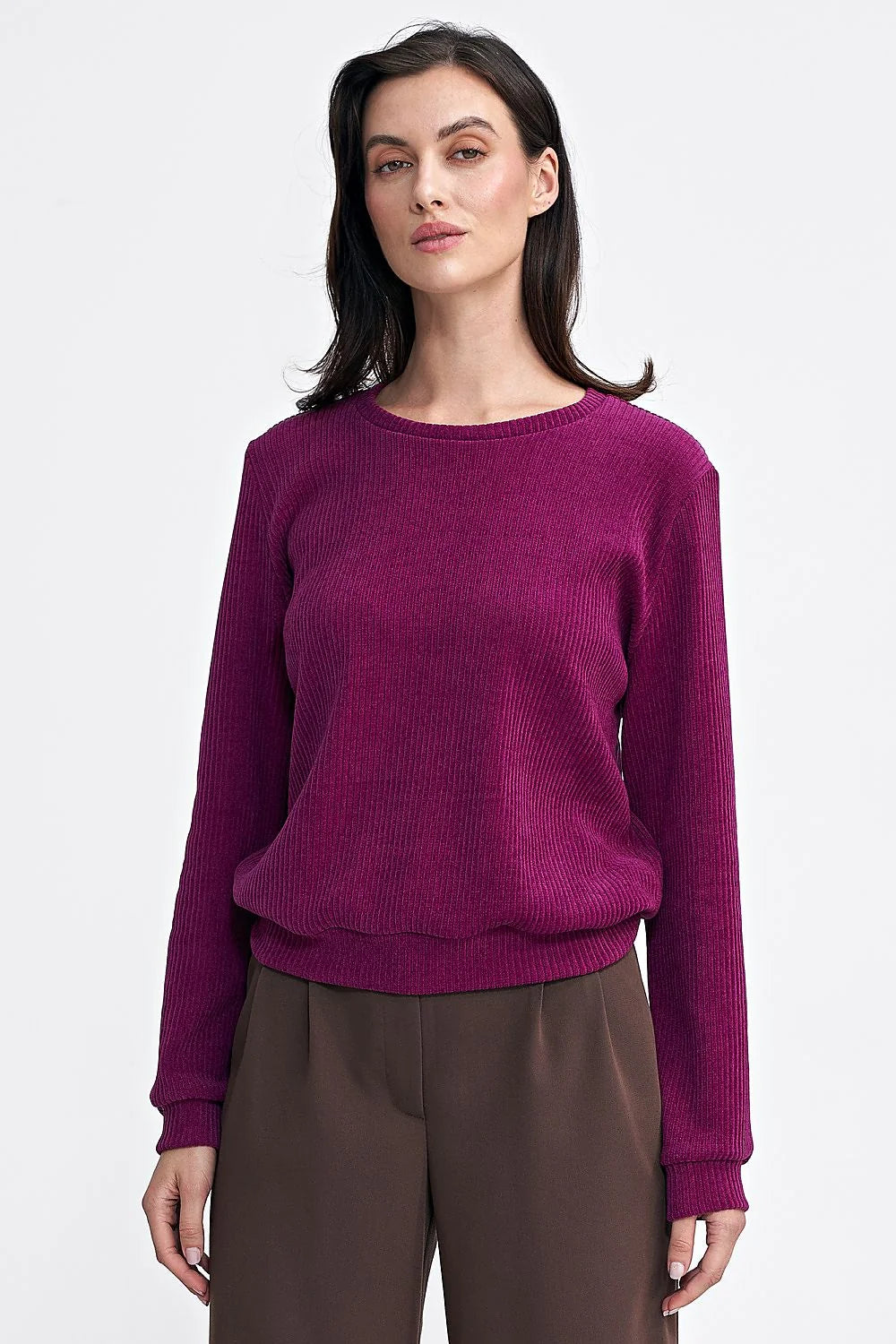 Chemisier Nife pour femme en tricot côtelé fuchsia style classique manches longues col rond