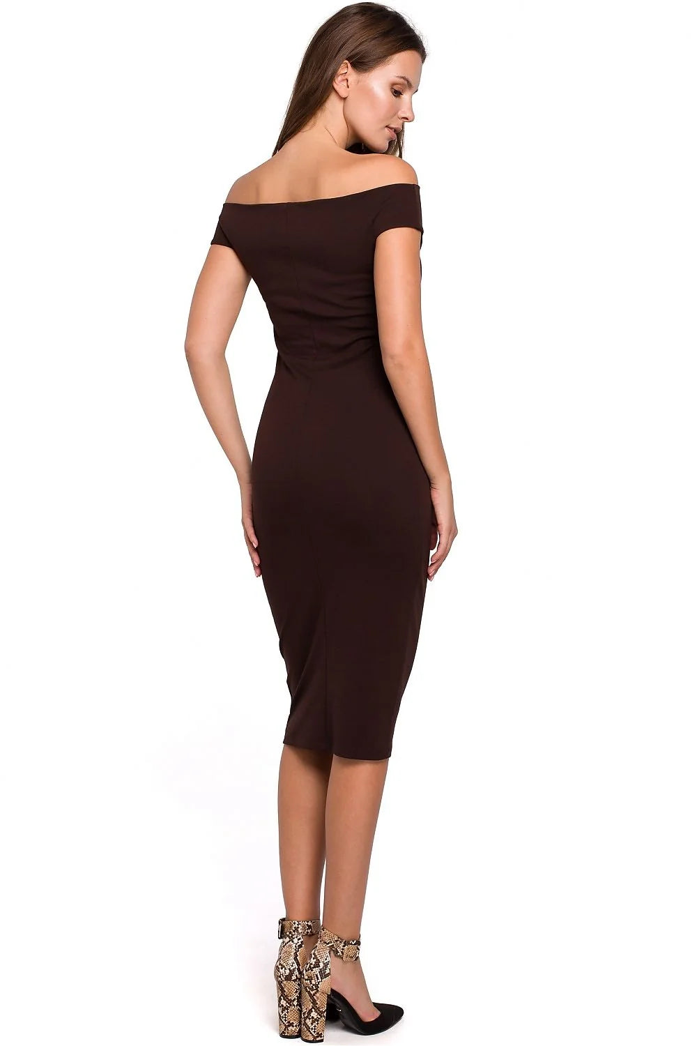 robe midi fourreau bodycon jersey stretch marron foncé bardot épaules dénudées coupe crayon ajustée mi mollet élégante sophistiquée confortable extensible