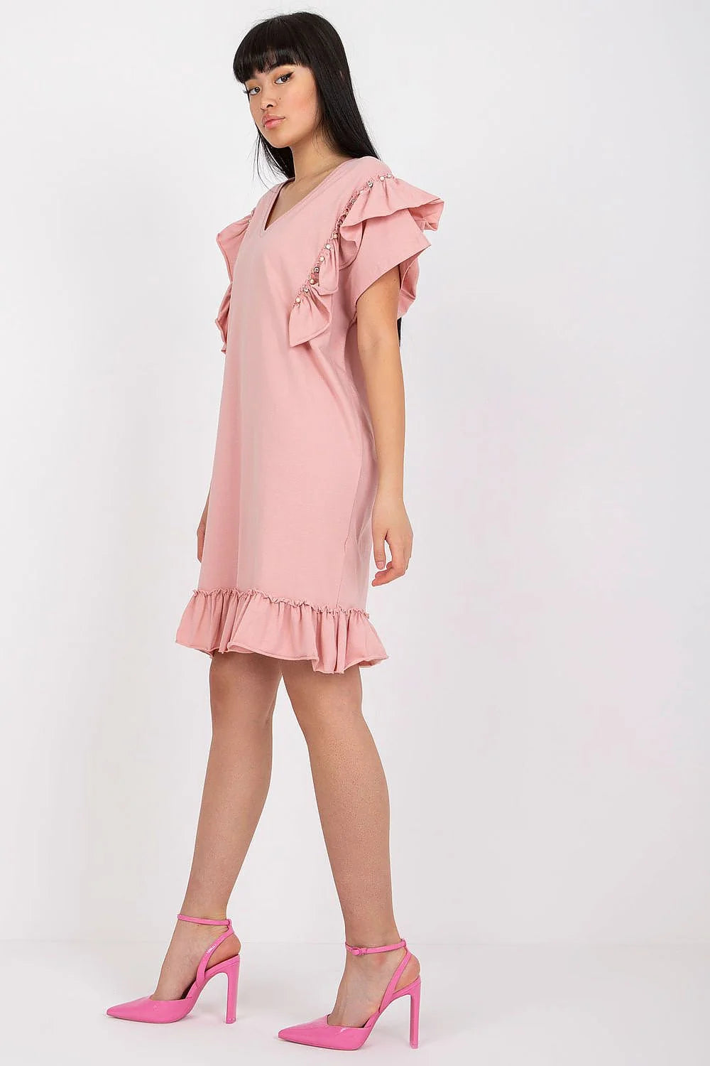 robe estivale corail légère fluide coton viscose col rond coupe droite manches courtes volants perles ourlet volanté féminine chic confortable