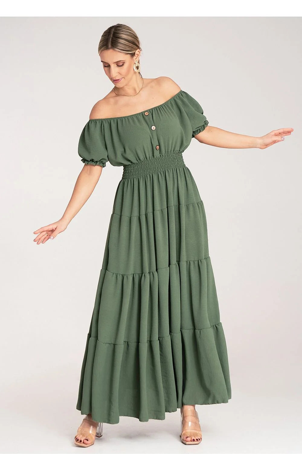 Robe bohème longue vert olive en tissu léger manches bouffantes encolure bardot élastique taille ajustable pour femme