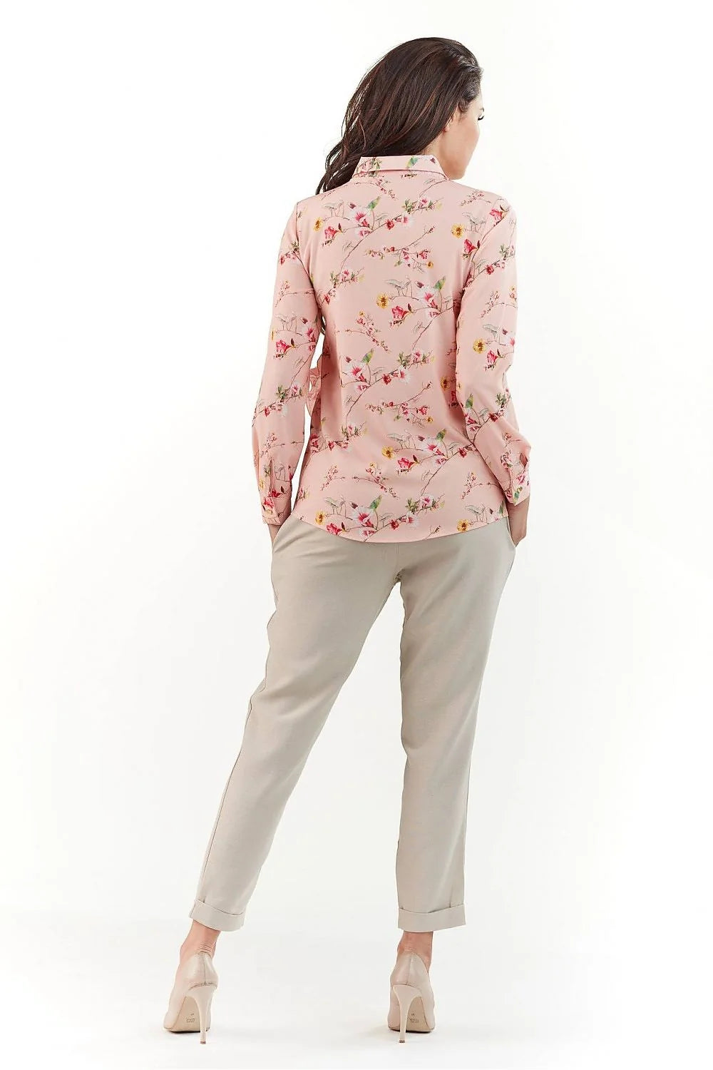 Ensemble blouse chemise manches longues tissu léger floral chic pantalon beige décontracté pour femmes élégantes