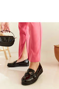 mocassins femmes cuir verni noir bout rond bride décorative doré boucle semelle caoutchouc crantée épaisse antidérapante talon plat compensé rembourré
