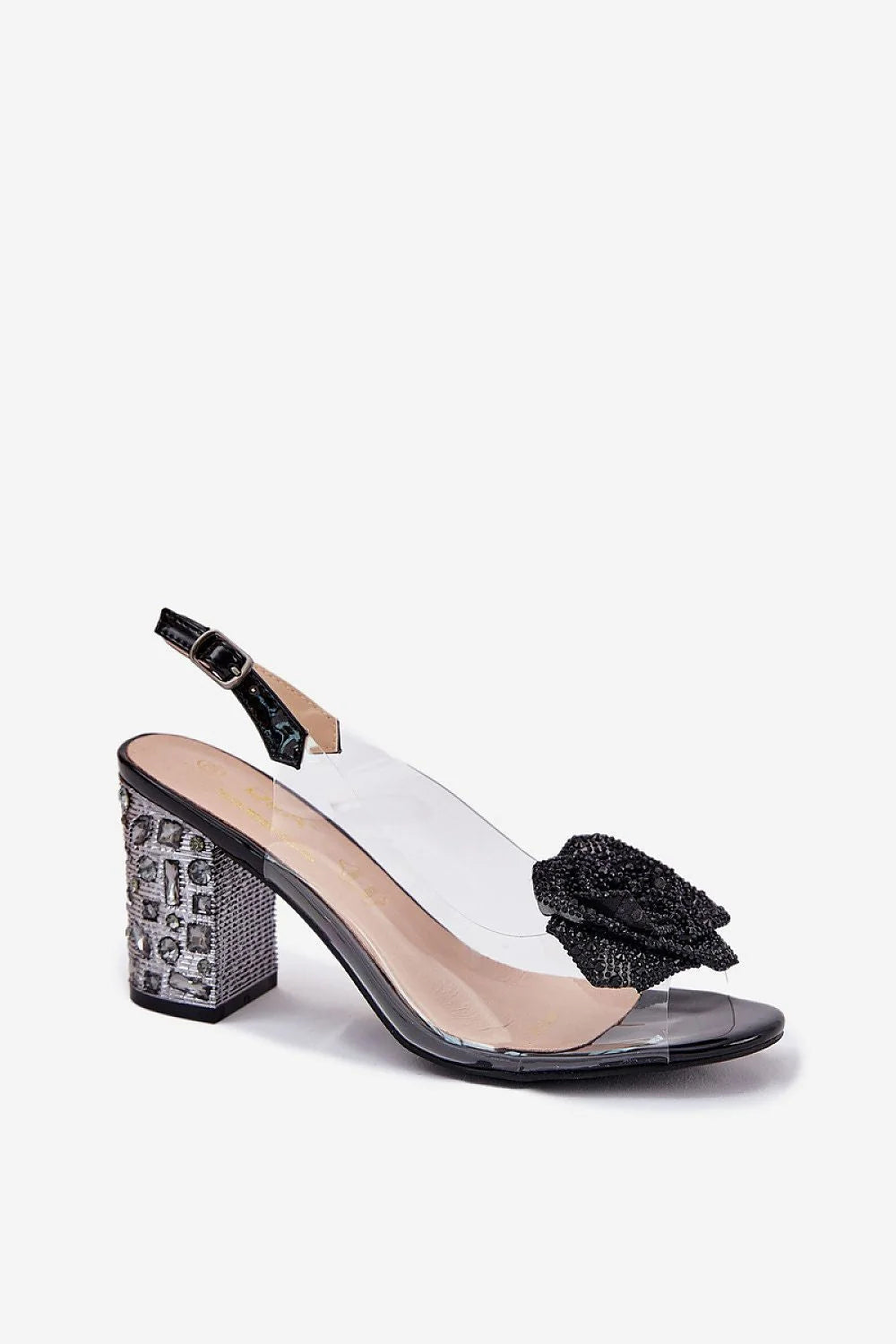 Sandales transparentes femme talon bloc strass motifs géométriques cuvette perlée noire soirée confort cuir naturel