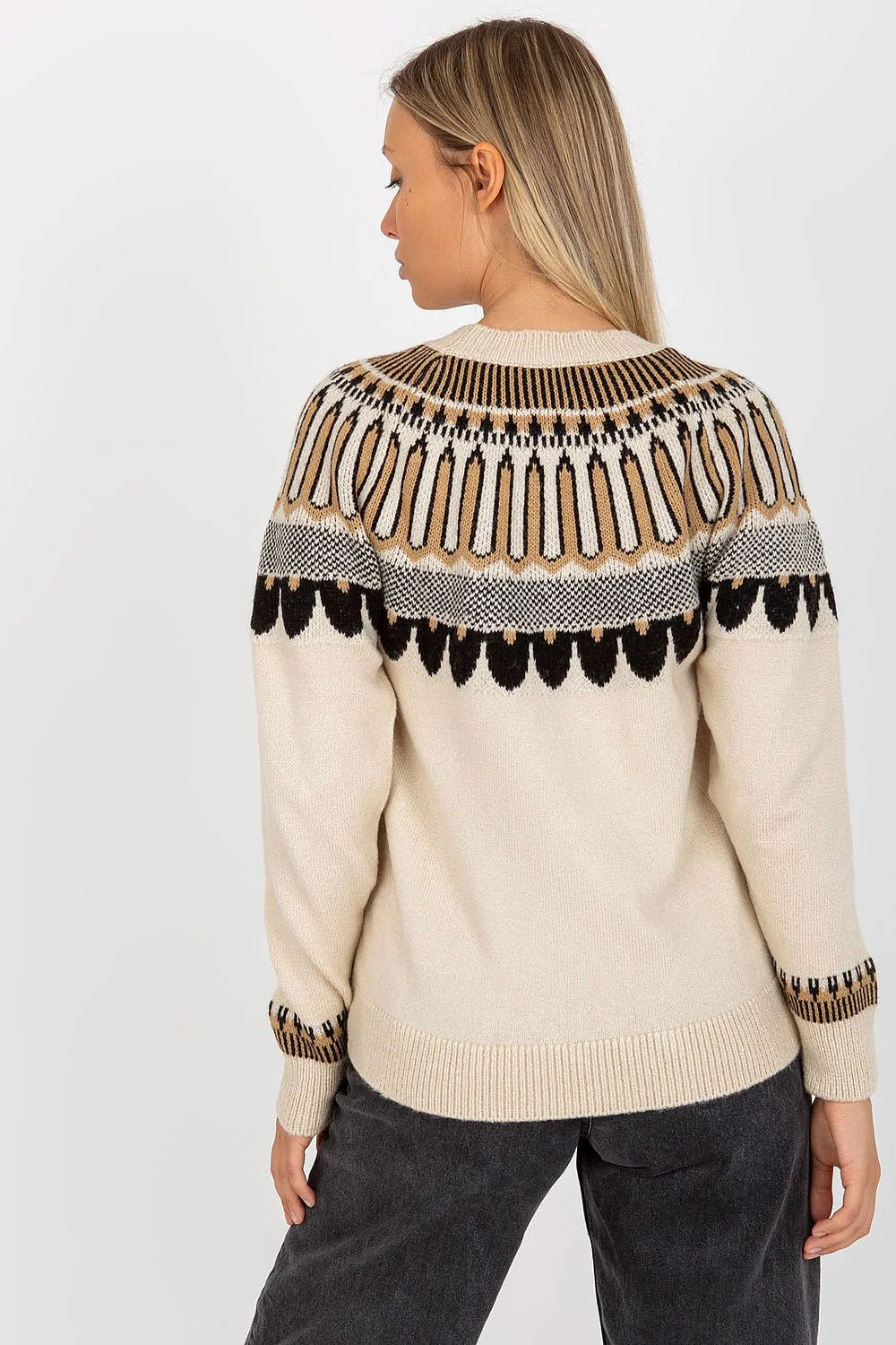 Pull femme design moderne motif col épaules bleu beige blanc acrylique elasthanne polyuréthane taille ajustable longueur universelle Chandail Rue Paris