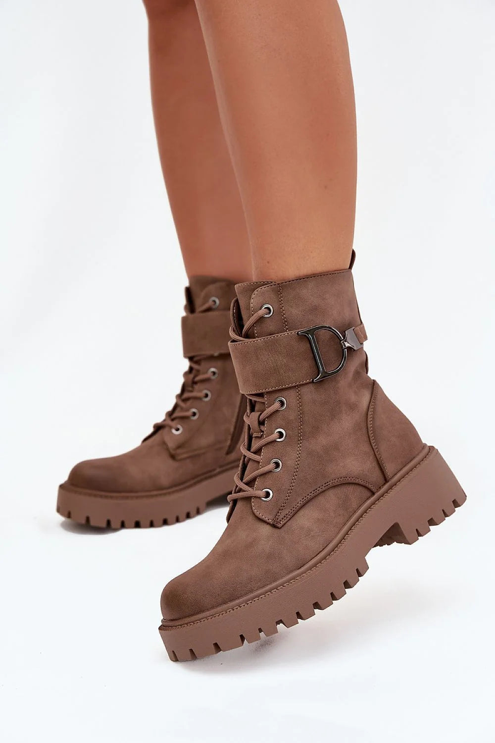 bottines montantes femme cuir écologique suédine marron doublure chaude tissu doux lacets bride boucle velcro plateforme crantée antidérapante