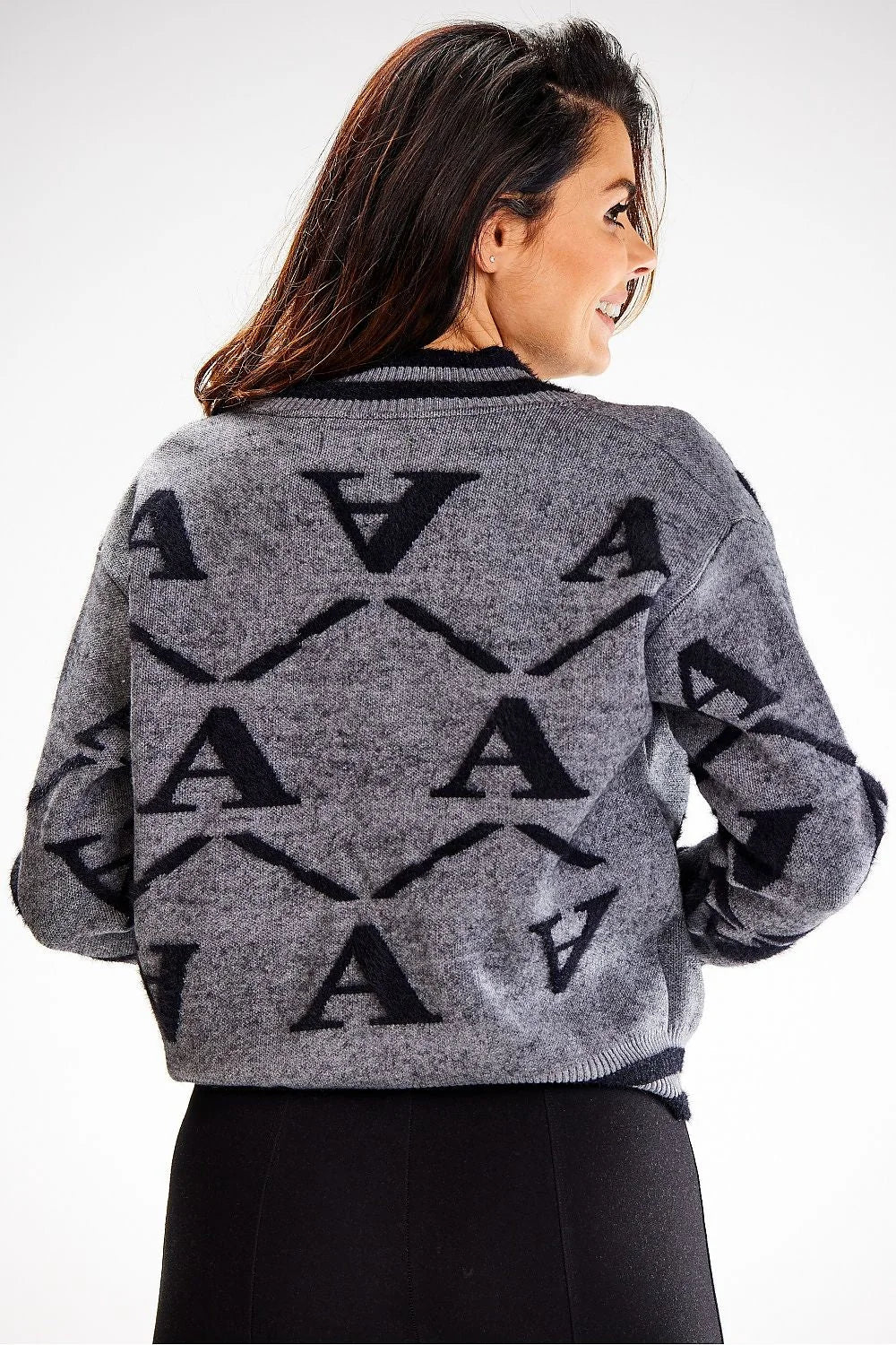 Cardigan pour femme moderne élégant manches longues motifs asymétriques gris chiné noir laine tricotée coupe ajustée automne hiver