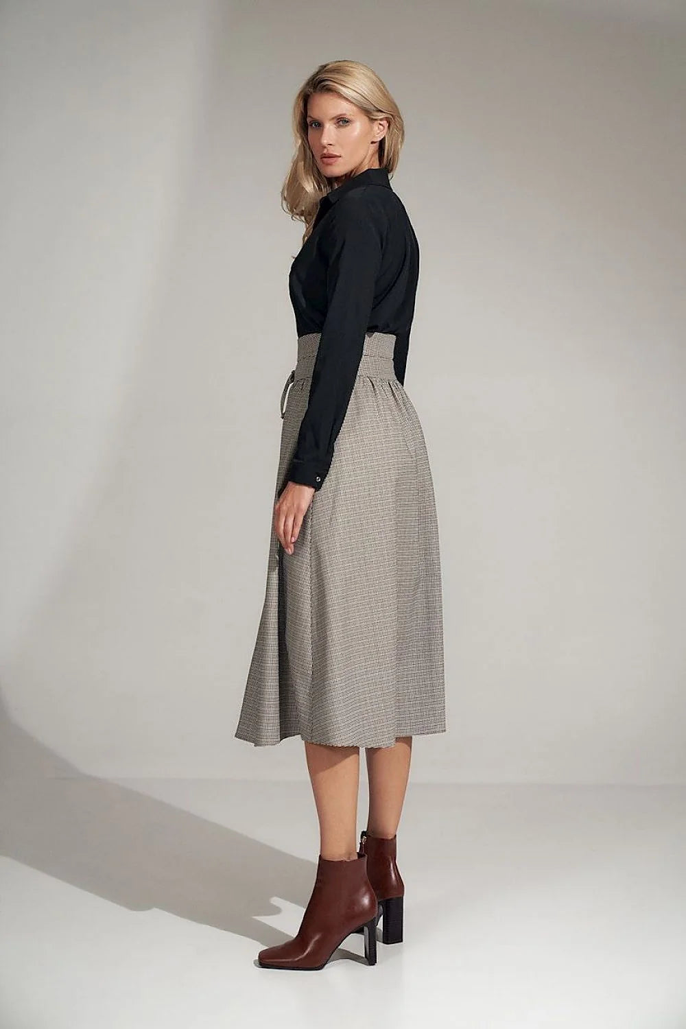 Jupe midi laine coton élégante évasée taille haute à carreaux professionnels pour femmes modernes