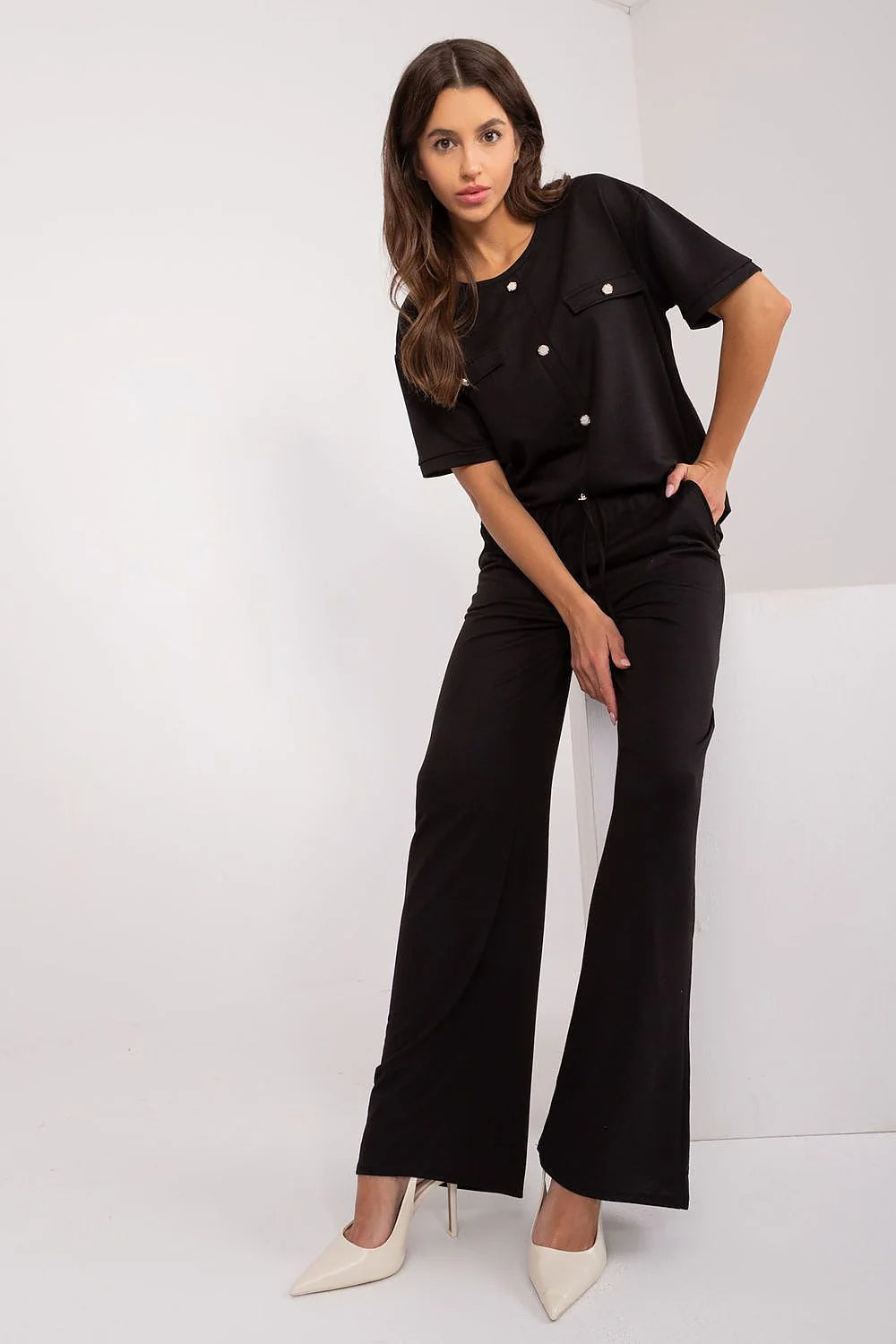 Ensemble pour femme élégant et confortable noir manches courtes pantalon large coupe droite occasionnels professionnels Lakerta