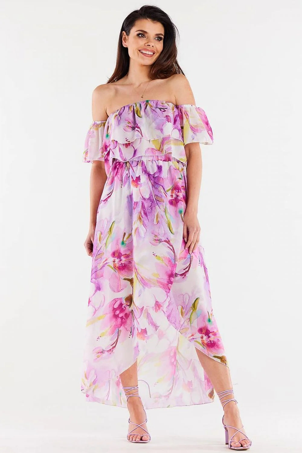 Robe longue bohème imprimé floral asymétrique en chiffon élastique buste volant épaules nues romantique été jardin soirée femme