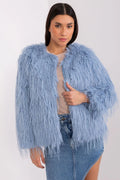 Veste en fausse fourrure bleu ciel pour femmes, design élégant, coupe droite, manches longues, doublure confortable, finitions luxueuses, occasion hiver automne printemps