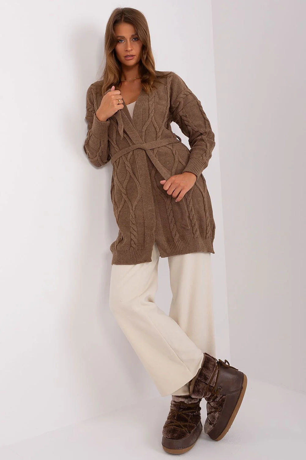 cardigan long ceinturé femme maille torsadée taupe cosy chic manches longues poignets côtelés ouverture sans boutons coupe relaxed