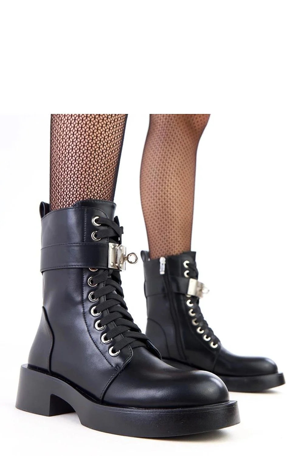 bottines montantes cuir écologique noir bout rond talon bloc 5cm semelle plateforme lacets zip latéral bride cheville cadenas argenté rock