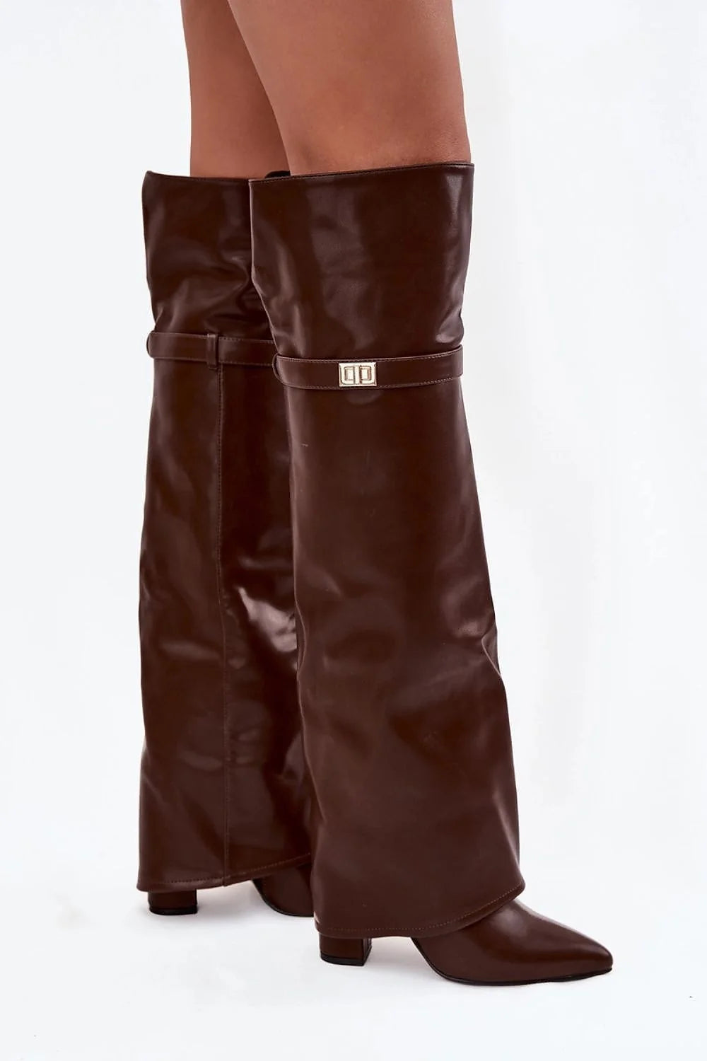 cuissardes femme cuir synthétique marron lisse tige haute genou bout pointu talon colonne stable doublure chaude bride dorée coupe ajustée