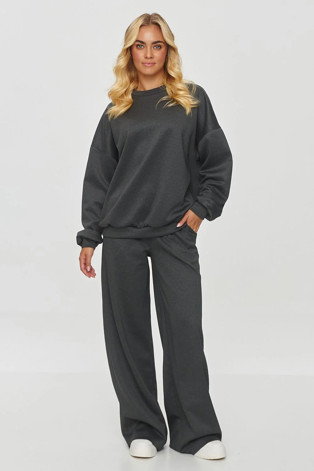 ensemble Makadamia athleisure femme ample gris anthracite sweatshirt oversize molleton manches tombantes pantalon palazzo taille elastique poches cotonpolyester confort style