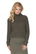 pull femme col roulé vert olive grosse maille côtelée courte boxy manches longues bords côtes poignets ourlet ajustée texturée chaude