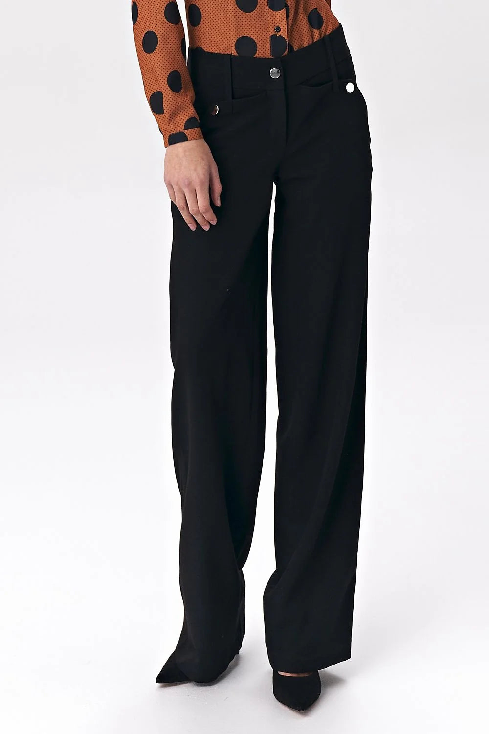 Pantalon palazzo noir en laine mélangée, coupe large élégante pour bureau et occasions spéciales