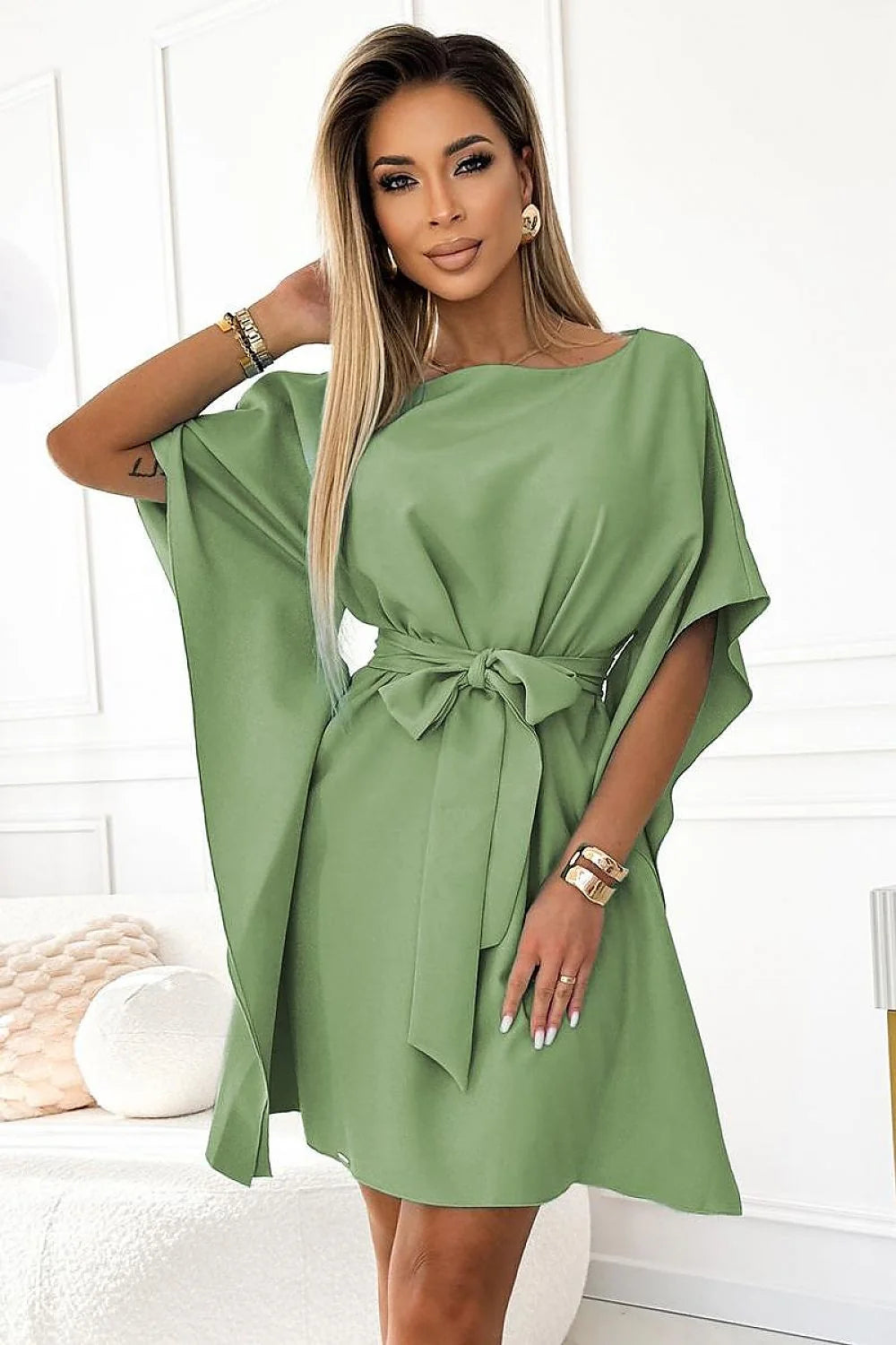 Robe de jour élégante Numoco couleur olive manches larges ceinture assortie matière douce polyester elasthanne taille ajustable femmes