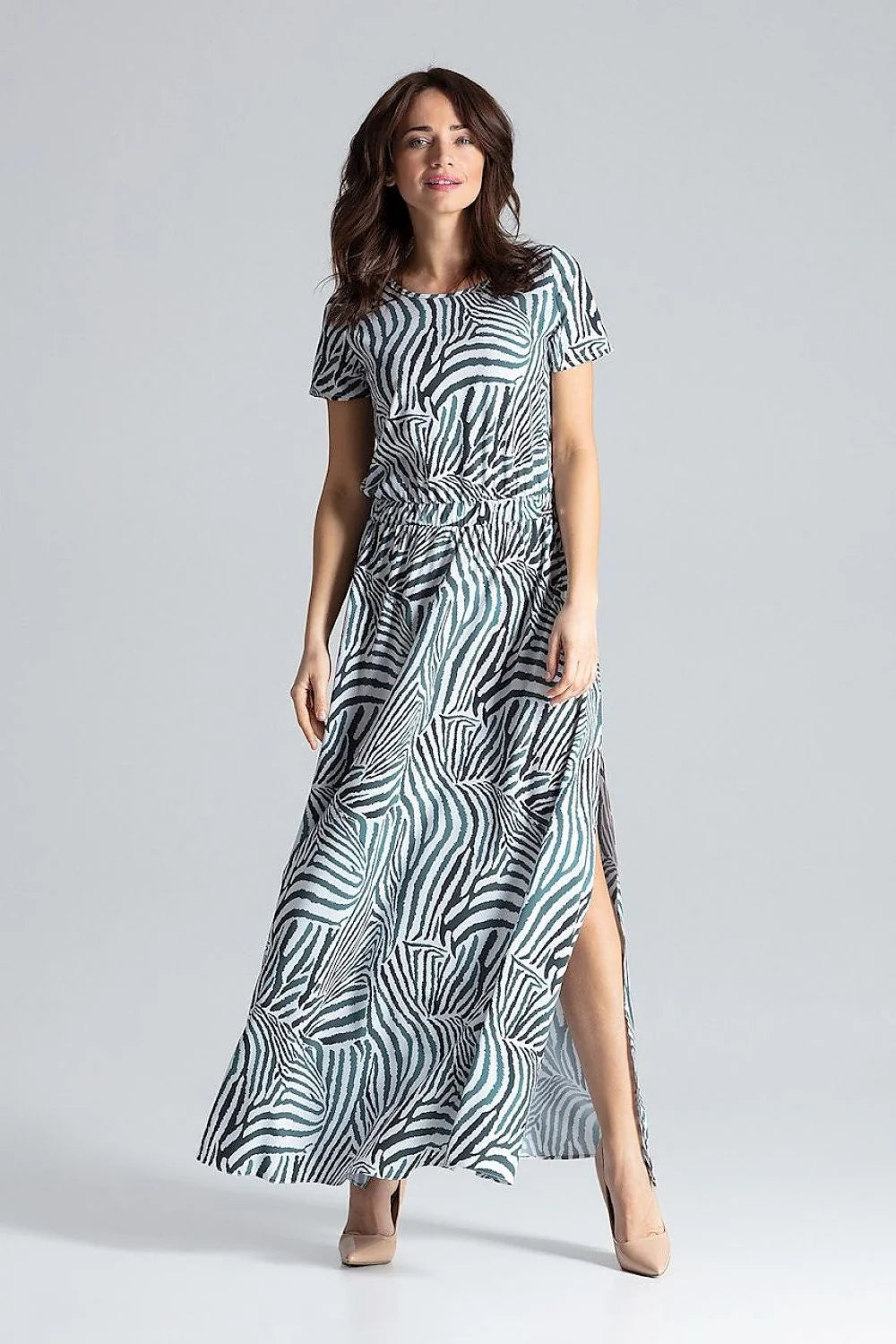 Robe longue pour femme manches courtes style épuré couleur rose saumon taille élastiquée sans fermeture ni poches mode été