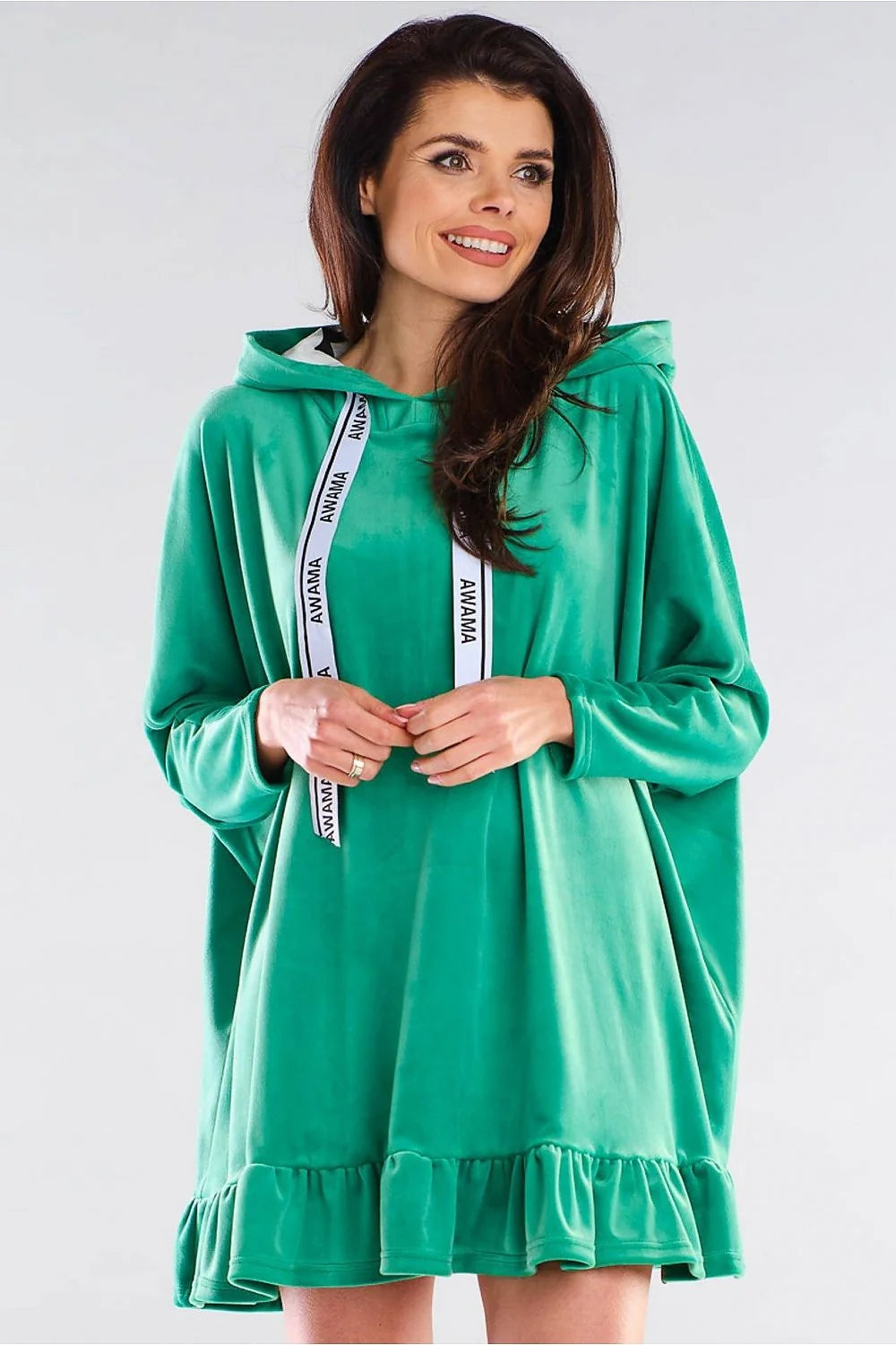 Robe décontractée à capuche polyester spandex verte ample confortable avec volants pour sorties féminines chic