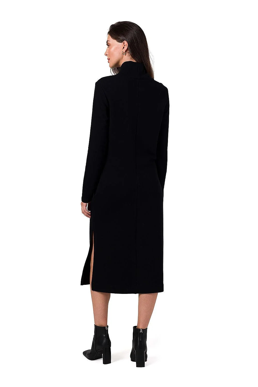 Robe longue élégante pour femme en maille coton noire manches longues col montant fente latérale polyvalente Be Wear