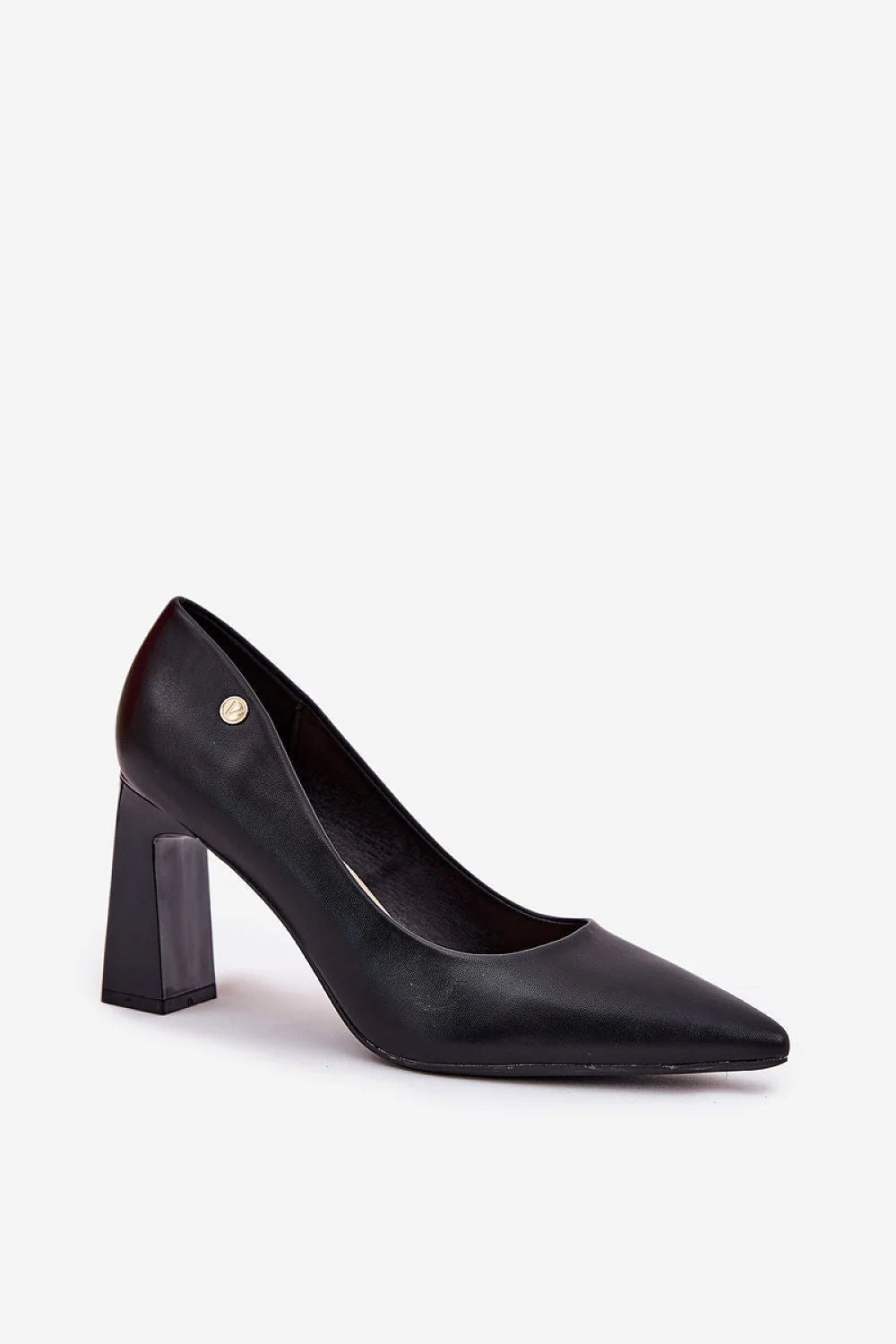 escarpins femme noirs talon carré bout pointu silhouette effilée similicuir lisse semelle intérieure cuir confort doré chaîne cheville