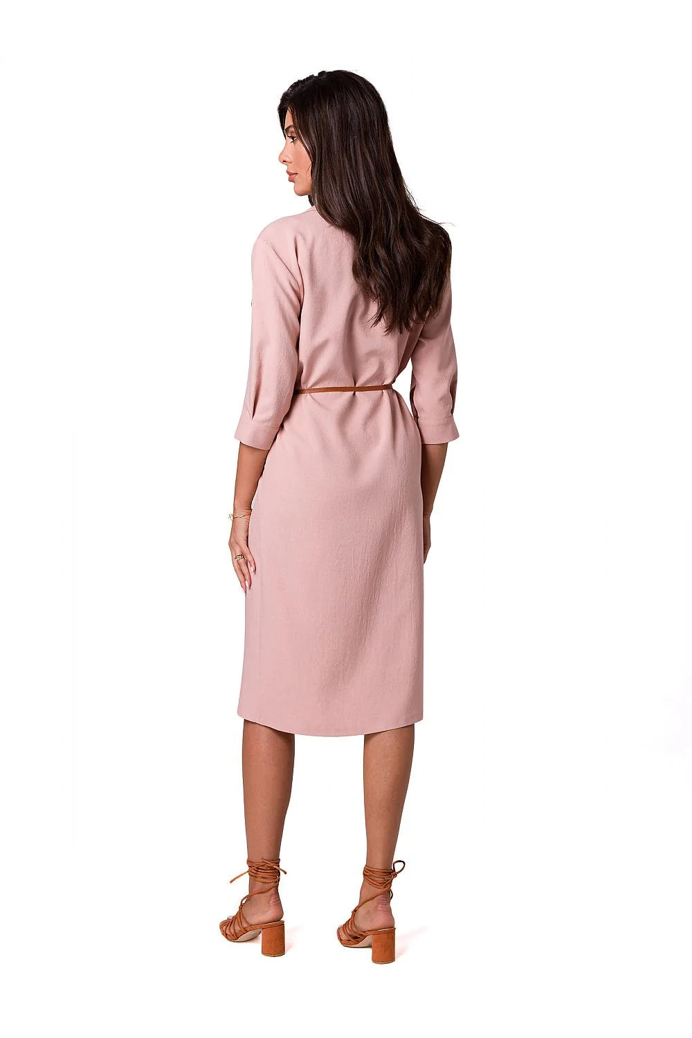 Robe saharienne pour femme rose pastel manches 3/4 col chemise ceinture incluse polyester 100% robe polyvalente été hiver