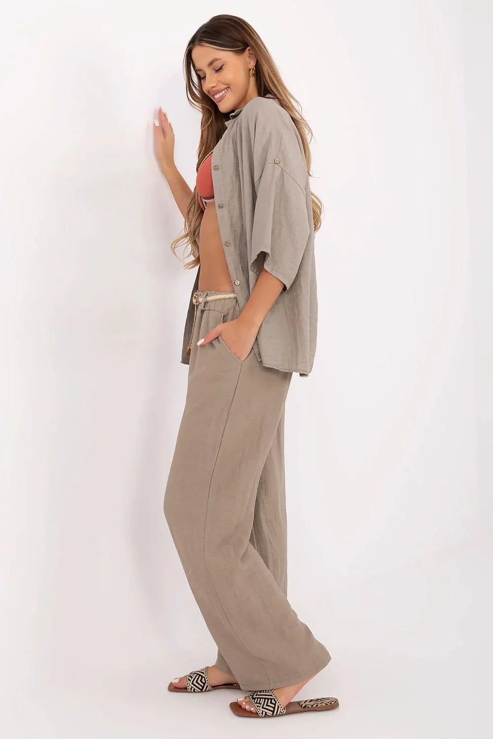 Pantalon femme Italy Moda large bohème beige viscose lin ceinture corde ajustable été décontracté