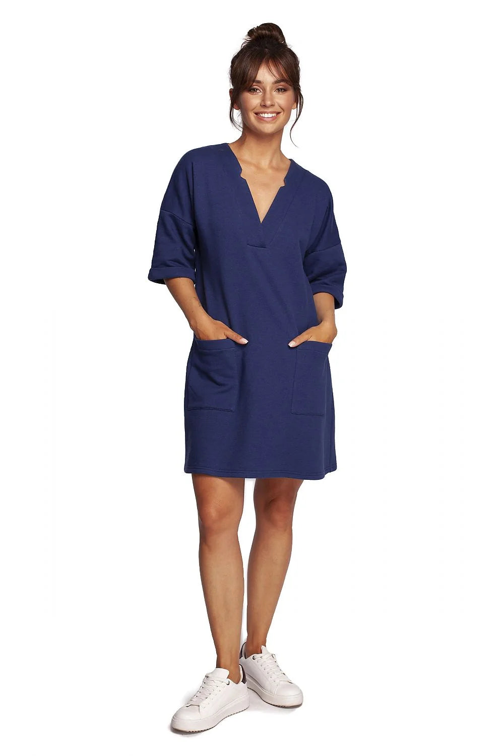 Robe de jour casual rose pastel femme en coton polyester manches courtes poches latérales