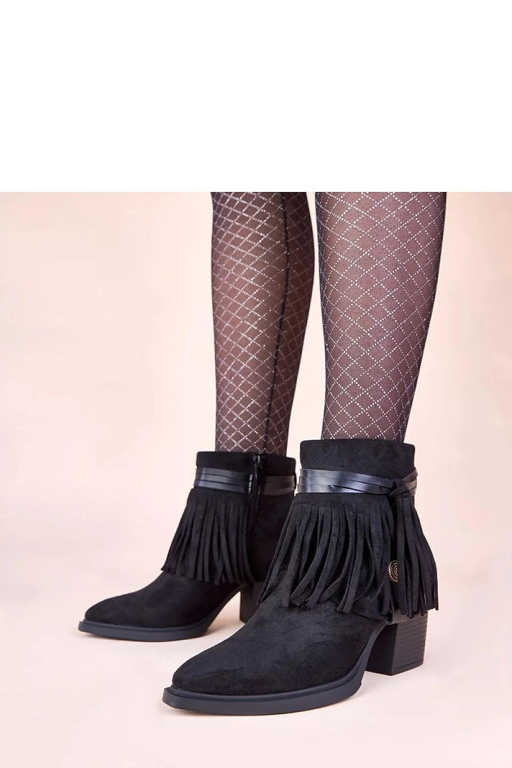bottines femme noires suédine franges western bohème chic talon bloc moyen confortables semelle caoutchouc bout amande sangle simili décorative élégantes