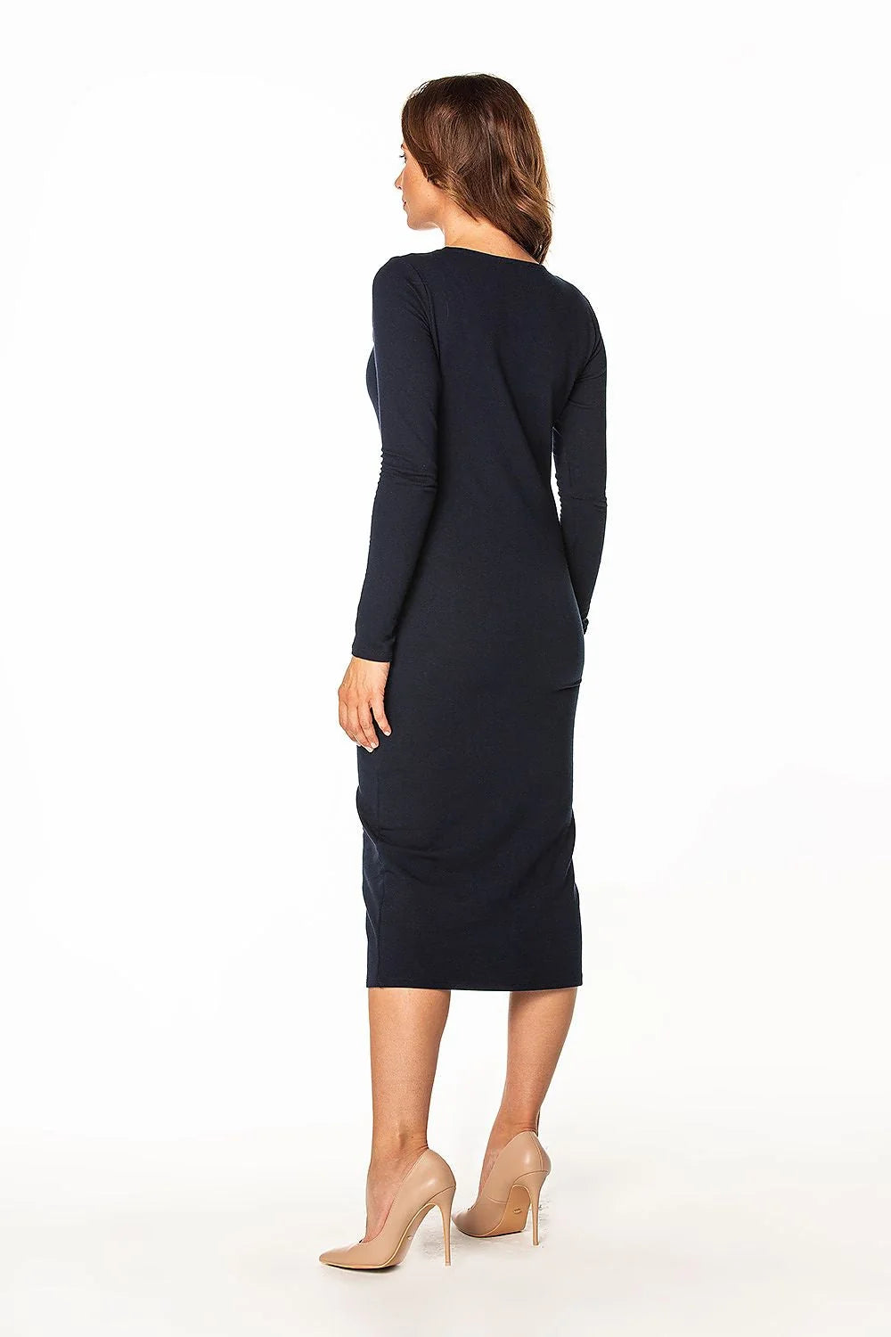 robe fourreau ajustée midi manches longues col rond jersey extensible bleu marine minimaliste épurée confortable coupe près corps