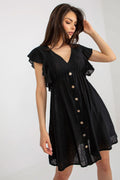 Robe de jour élégante Och Bella noire en mousseline manches courtes volantées décolleté en V empire taille ajustable femme