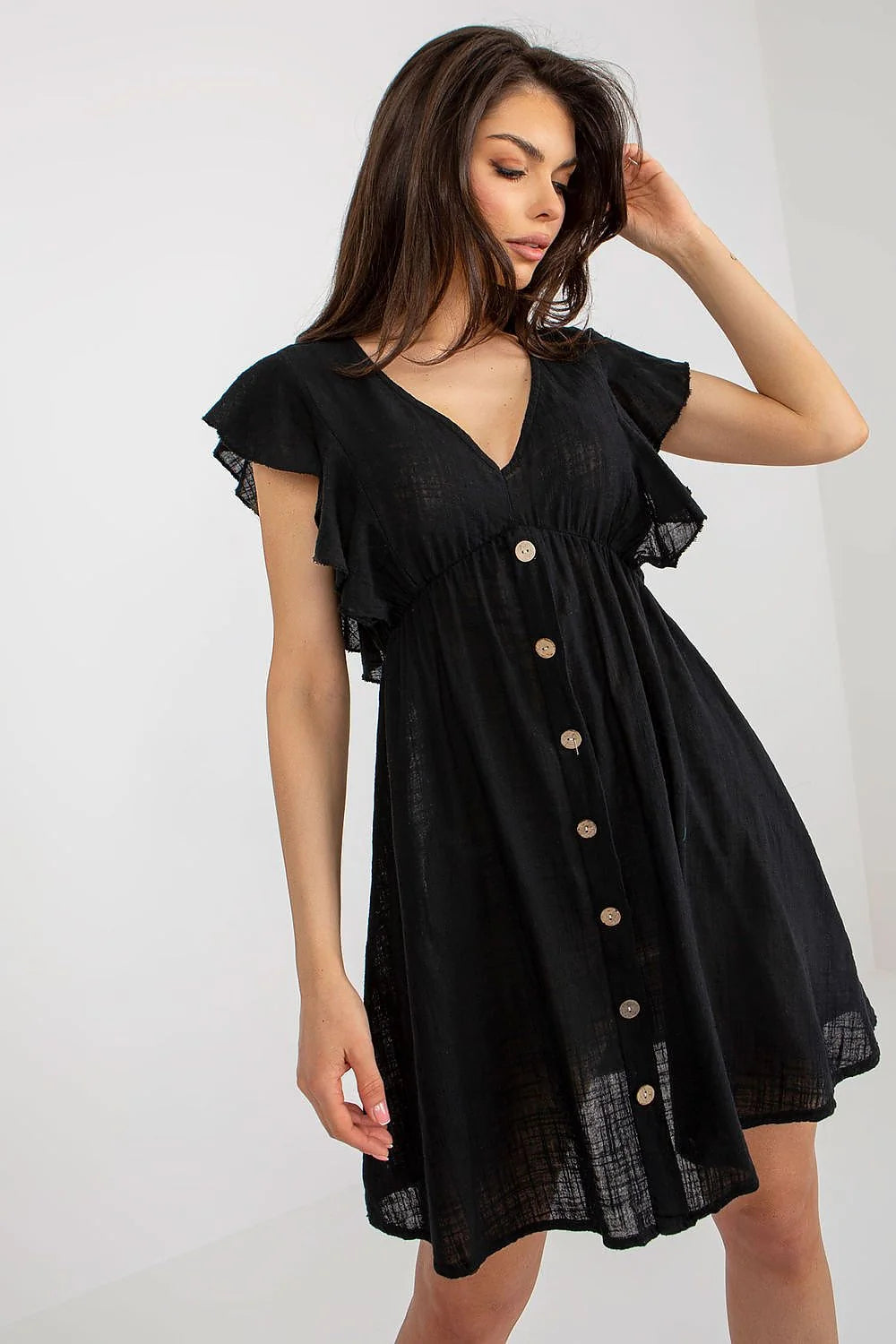 Robe de jour élégante Och Bella noire en mousseline manches courtes volantées décolleté en V empire taille ajustable femme