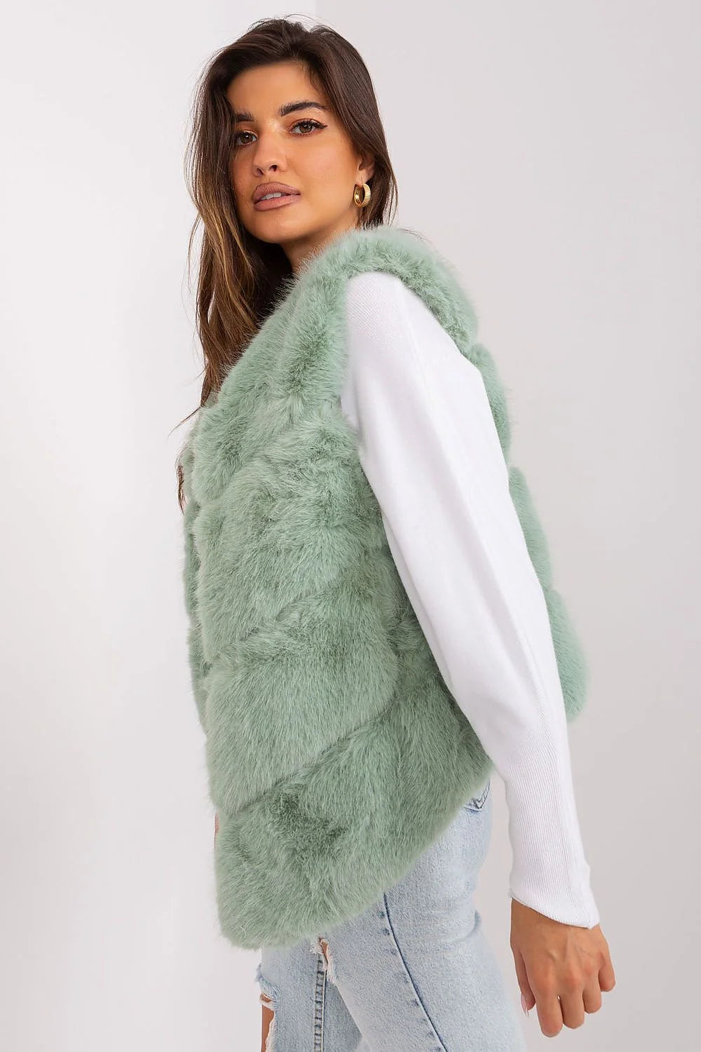 Gilet sans manches pour femmes en fausse fourrure vert pastel moderne élégant coupe droite col en cascade occasions spéciales transition automne printemps