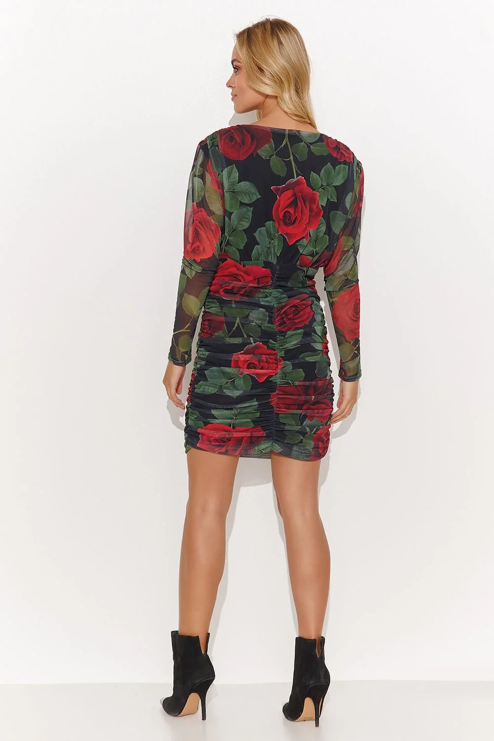 Makadamia robe courte moulante femme maille semitransparent stretch manches longues cachecoeur plongeant taille froncee imprimé roses rouges feuilles vertes noir