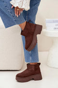 bottines femme suédine écologique marron chocolat bout arrondi semelle plateforme crantée talon chunky doublure fourrure chaude confort stabilité enfilage facile