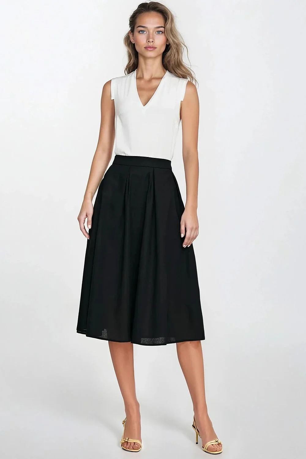 jupe midi Nife élégante confortable rayonne lin mélange coupe régulière taille haute évasée plis décoratifs poches latérales