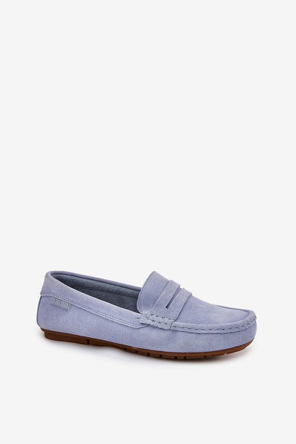 Mocassins pour femmes élégants en daim bleu lavande, confortables, design intemporel, style décontracté chic, semelle intérieure cuir, chaîne cheville dorée, parfaits pour quotidien, tenues décontractées ou élégantes, Big Star