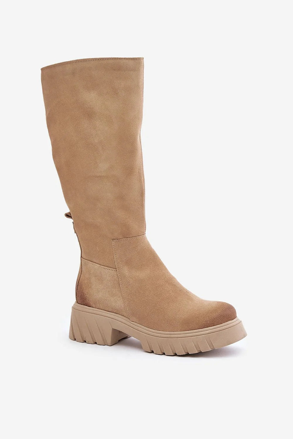 Bottes hautes suédé beige élégantes minimalistes avec semelle crantée confort fermeture éclair femme moderne