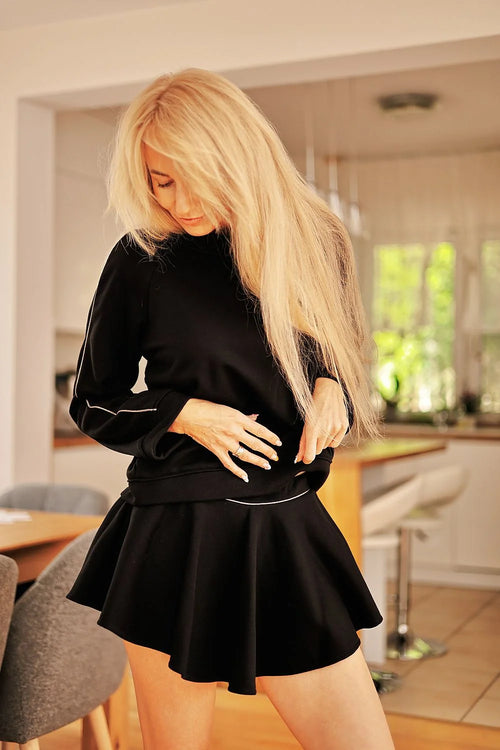 Ensemble femme pull longues manches jupe évasée courte coton élasthanne noir doré taille ajustable