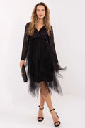 robe soirée courte évasée noire paillettes sequins corsage col croisé manches longues tulle superposée jupe asymétrique taille empire