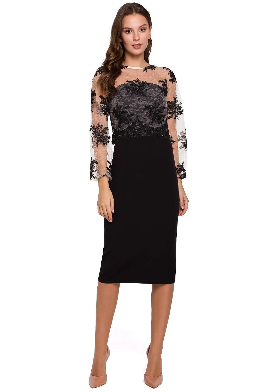 Robe élégante en dentelle noire motifs floraux manches longues ajustable pour événements et soirées femmes