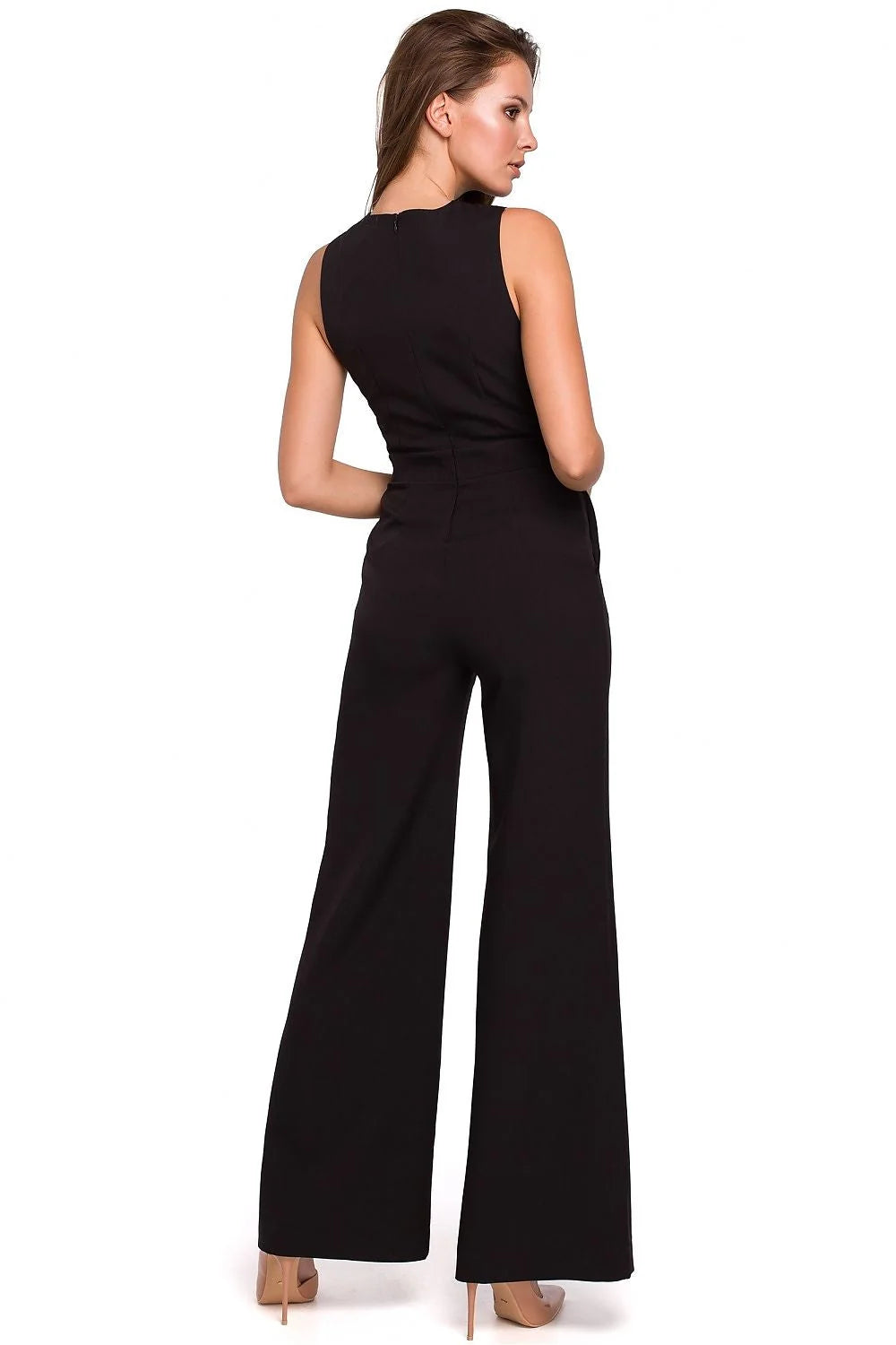 Combinaison pantalon polyester chic rouge vif élégante moderne silhouette ajustée bretelles croisées décolleté femme