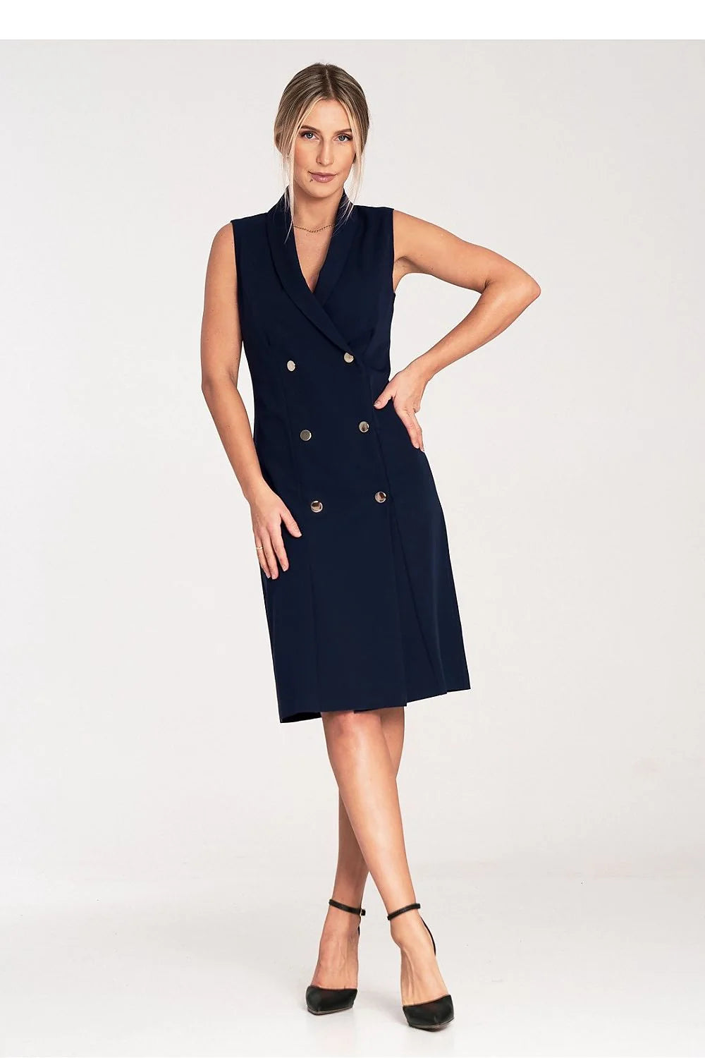 Robe de jour élégante sans manches style tailleur col revers double boutonnage robe midi polyester viscose femme