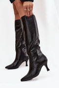 bottes hautes femme simili cuir noir tige mi mollet silhouette ajustée bout pointu talon aiguille fermeture éclair latérale