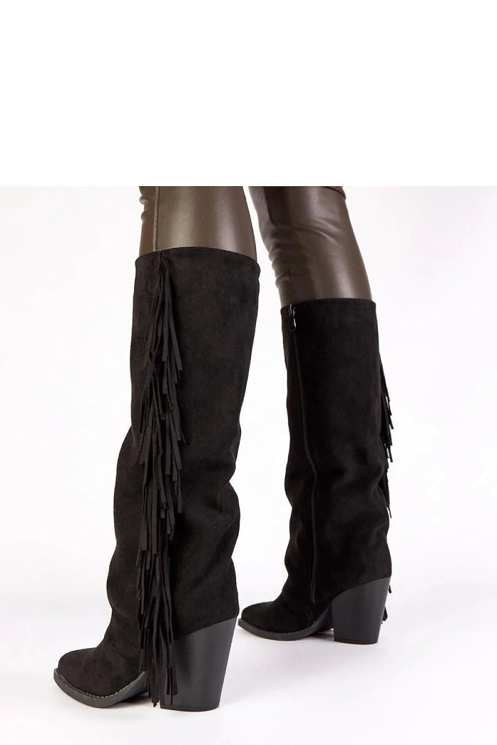 bottines noires suède cuir frangées western cowboy tige genou talon bloc moyen confortables semelle cousue antidérapante élégantes