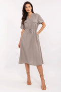 Robe de jour élégante Italy Moda style décontracté coton viscose manches courtes col Mao taille ajustable femmes robe midi taupe