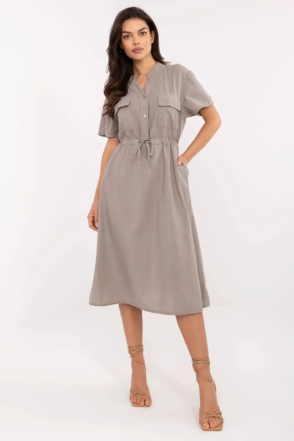 Robe de jour élégante Italy Moda style décontracté coton viscose manches courtes col Mao taille ajustable femmes robe midi taupe