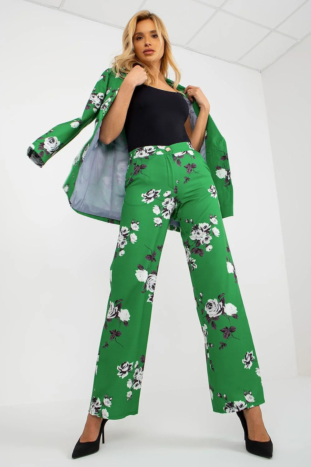 Ensemble femme crop top pantalon large motif floral coton élasthanne polyester taille haute occasion chic