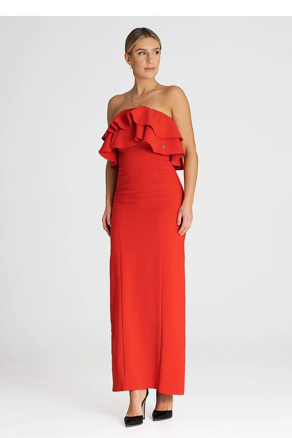 Robe de cocktail élégante longue sans manches volants encolure en mélange polyester élasthanne viscosé pour femme